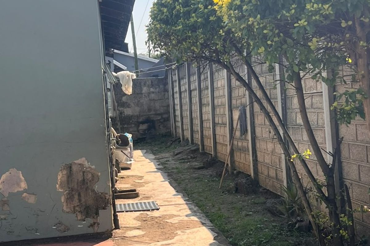 A narrow rear exterior side passage featuring a precast concrete boundary wall and a concrete pathway requiring maintenance and repair.