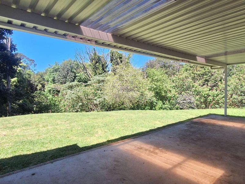 A covered outdoor patio area featuring a corrugated metal roof and concrete flooring, overlooking a lush green garden and natural surroundings.