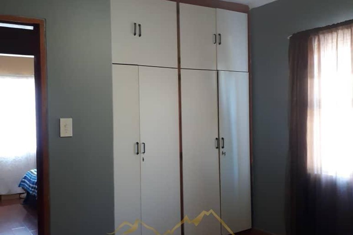 A bedroom featuring built-in cupboards and a ceiling fan, with dark grey walls and wooden flooring.