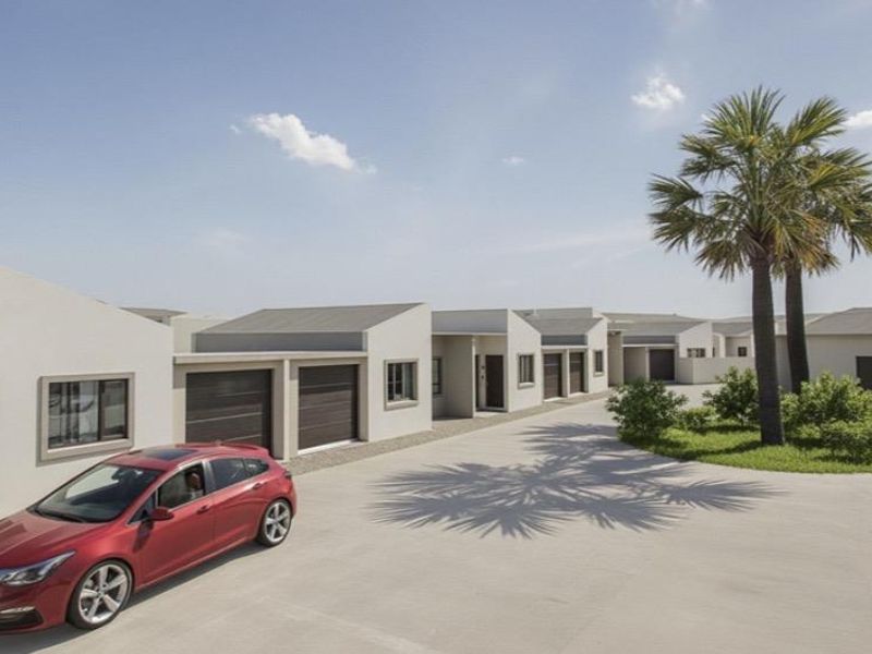 A view of the townhouse complex exterior featuring a concrete driveway, multiple garage units, and landscaped garden areas.
