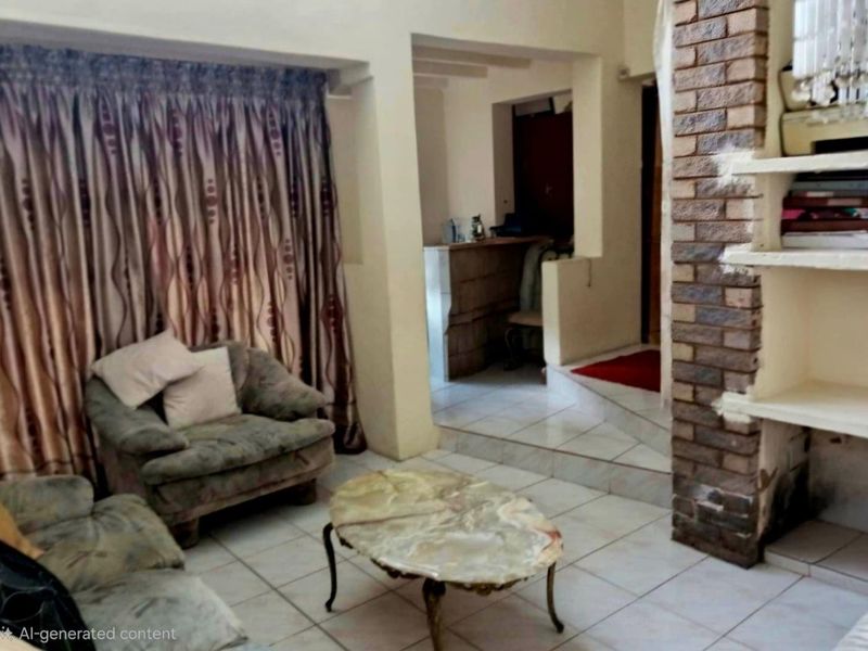 A living room area featuring tiled flooring, a brick fireplace, and built-in shelving, offering a dated layout with potential for modernization.