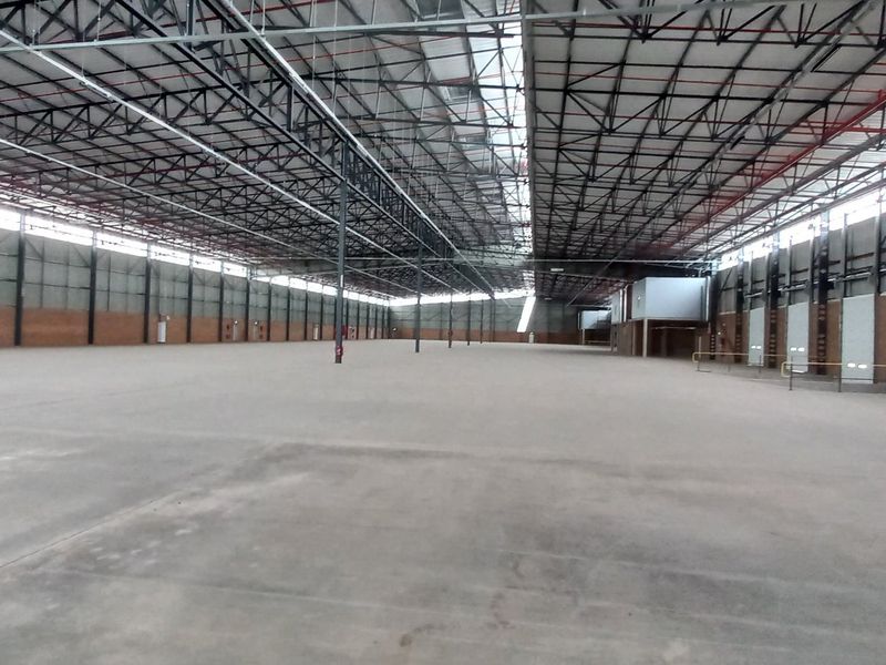 Expansive industrial warehouse space featuring high steel truss ceilings, polished concrete flooring, and multiple roller shutter doors for efficient logistics and storage operations.