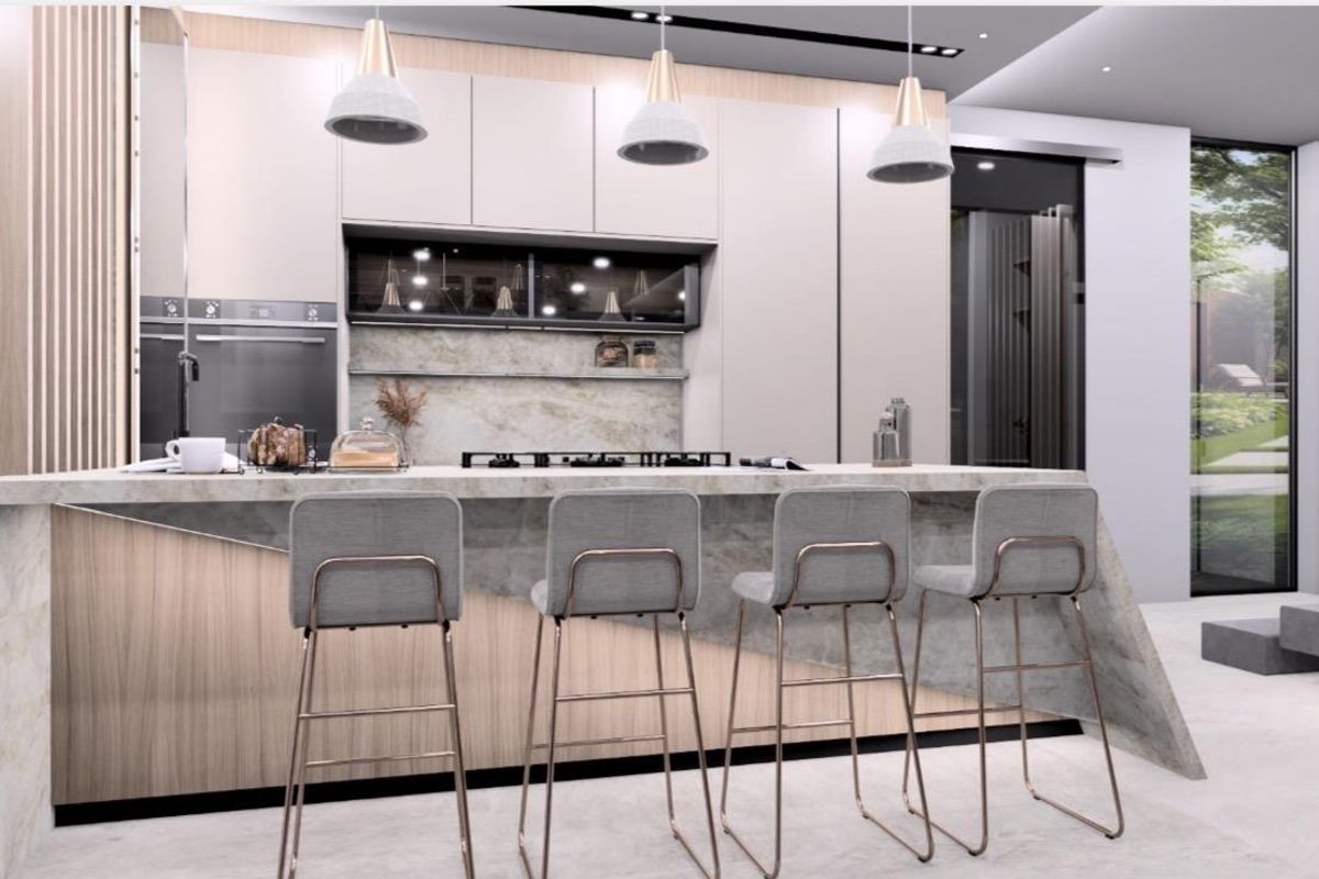 Modern kitchen featuring a stone waterfall island, integrated appliances, custom cabinetry, and elegant pendant lighting in a contemporary open-plan layout.