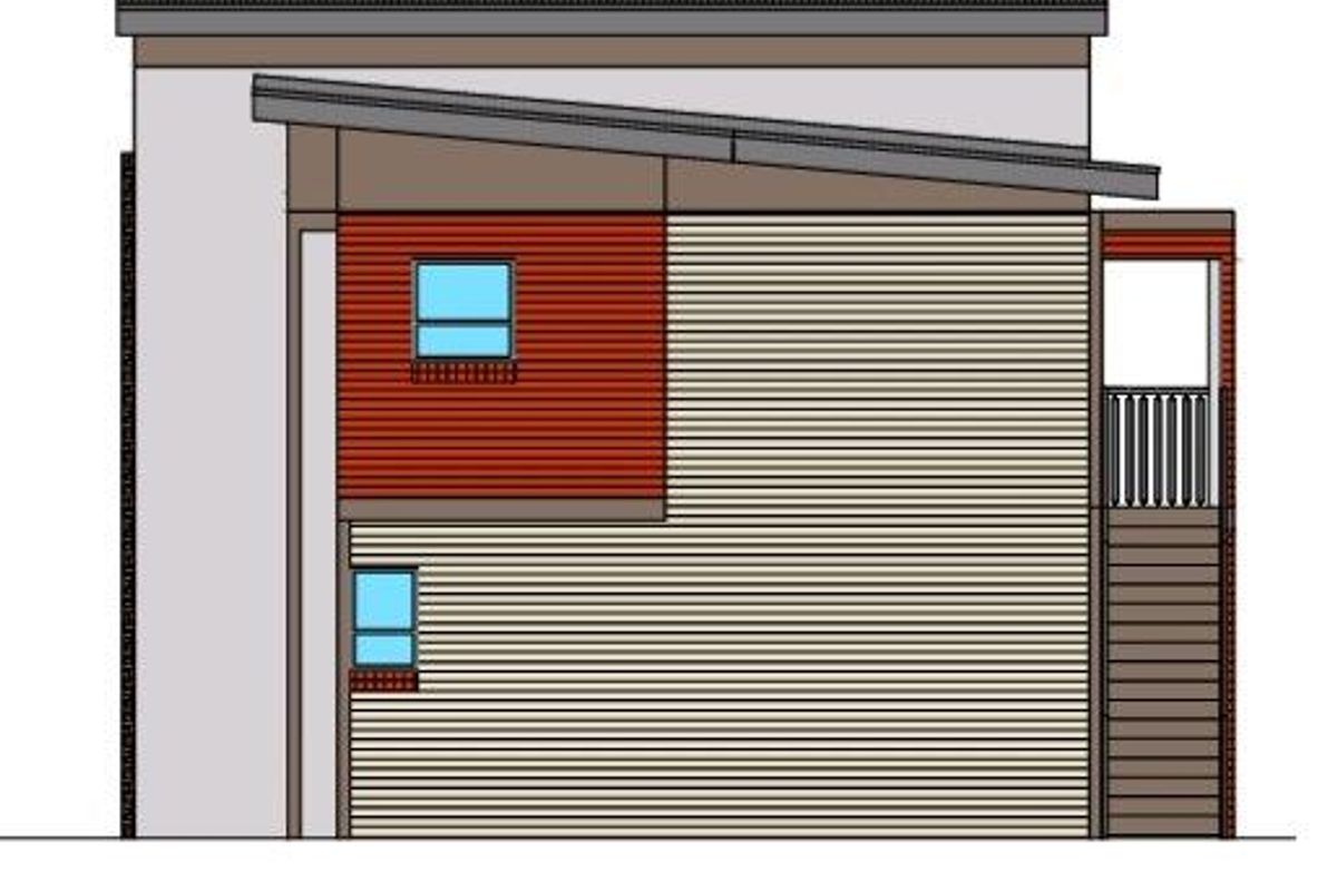 Architectural west elevation drawing showing the proposed building facade, roofline, and external staircase design.