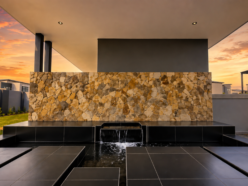 A modern outdoor water feature with a stone-clad wall and dark tiled surround, set under a covered patio area at sunset.