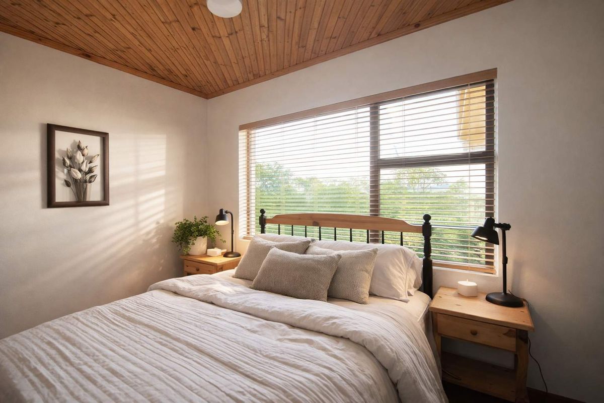 A cozy bedroom featuring a warm timber-clad ceiling and a large window with venetian blinds, providing natural light and a pleasant outlook.