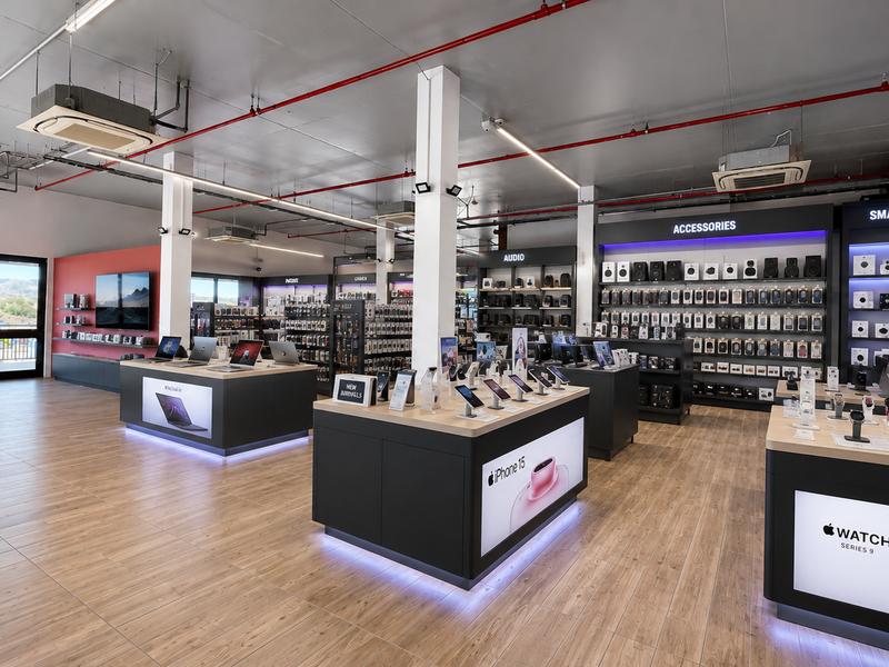 Modern retail showroom featuring open-plan layout, professional display shelving, integrated lighting, and tiled flooring with large glass doors.