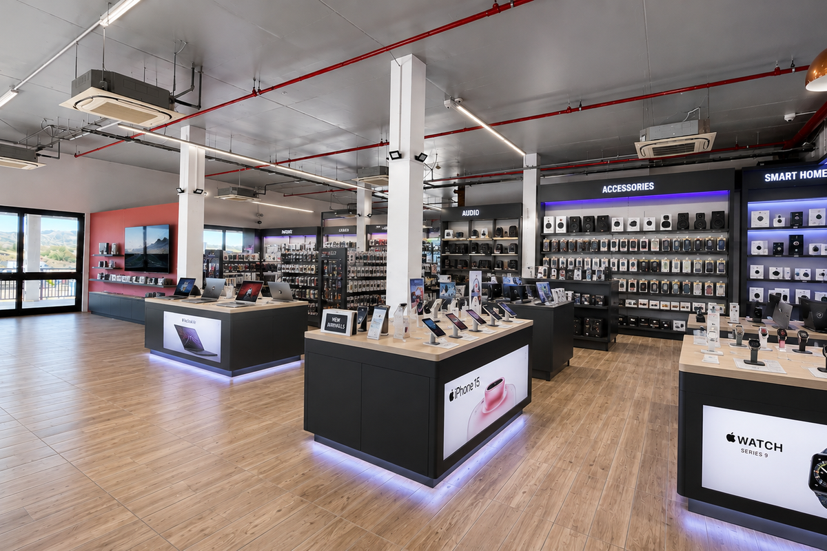 Modern retail showroom featuring open-plan layout, professional display shelving, integrated lighting, and tiled flooring with large glass doors.