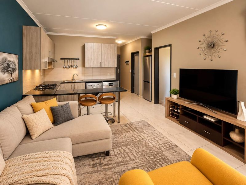 Modern open-plan living area featuring a well-appointed kitchen with built-in cabinetry, gas hob, and breakfast bar, seamlessly flowing into the comfortable lounge space.
