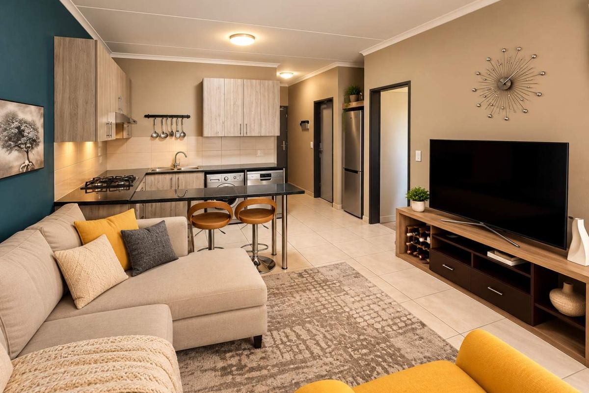 Modern open-plan living area featuring a well-appointed kitchen with built-in cabinetry, gas hob, and breakfast bar, seamlessly flowing into the comfortable lounge space.