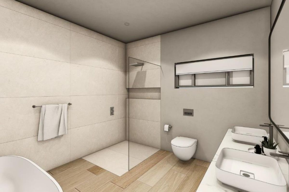 Modern bathroom featuring a walk-in shower with glass screen, wall-mounted toilet, and double vanity with vessel sinks.