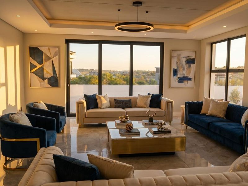 Spacious, modern living room featuring a built-in fireplace, recessed ceiling lighting, and large sliding doors that provide ample natural light and outdoor views.