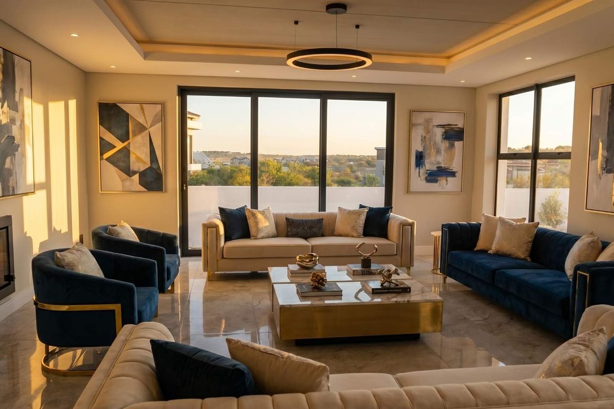 Spacious, modern living room featuring a built-in fireplace, recessed ceiling lighting, and large sliding doors that provide ample natural light and outdoor views.