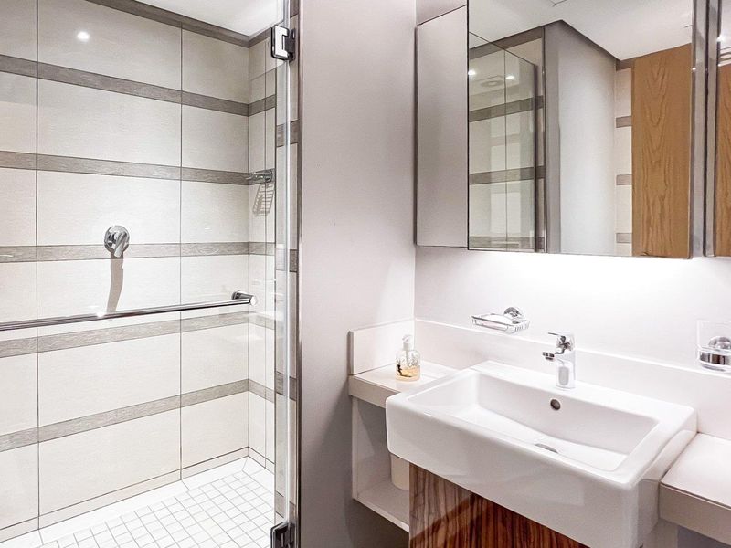 Modern bathroom featuring a glass-enclosed shower with tiled walls, a sleek vanity basin with storage, and a mirrored cabinet.