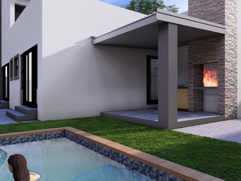 Modern outdoor entertainment area featuring a swimming pool, covered patio with a built-in stone fireplace, and landscaped garden space.