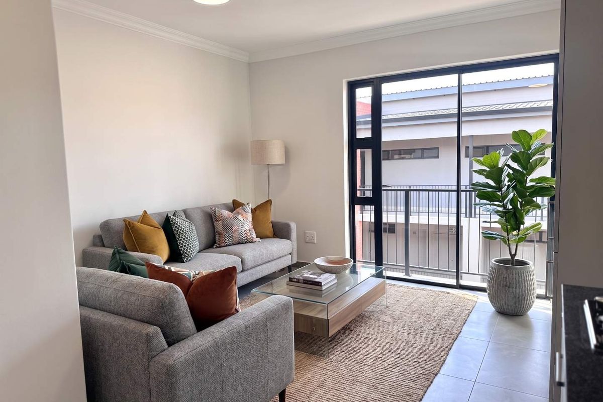 A bright and modern living room featuring tiled flooring and a large sliding glass door that opens onto a balcony.
