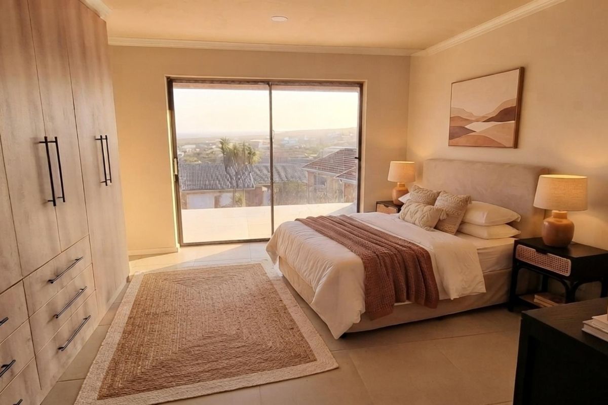 A well-maintained bedroom featuring extensive built-in cabinetry, neutral tiled flooring, and a large sliding glass door providing natural light and access to the exterior.