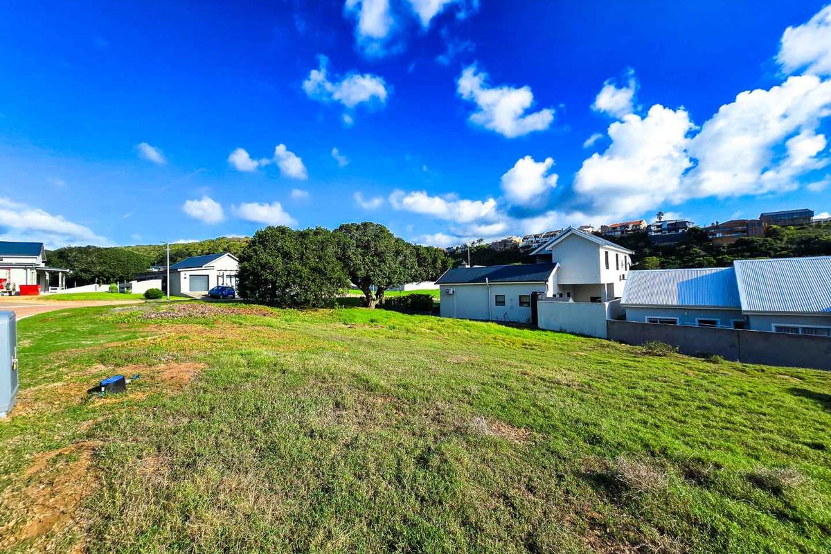 A view of a vacant residential plot featuring established grass, mature trees, and surrounding residential properties in a coastal neighborhood setting.