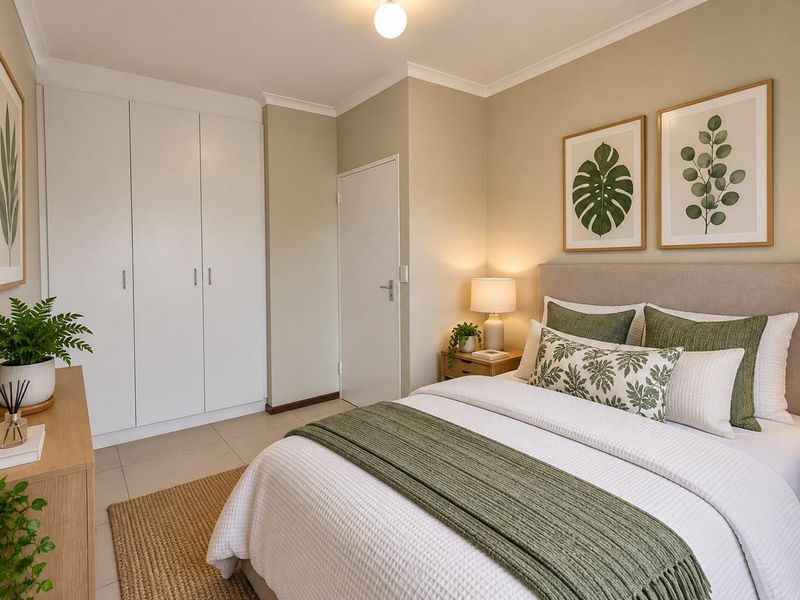 A well-maintained bedroom featuring neutral wall tones, tiled flooring, and a spacious built-in wardrobe with clean, modern finishes.