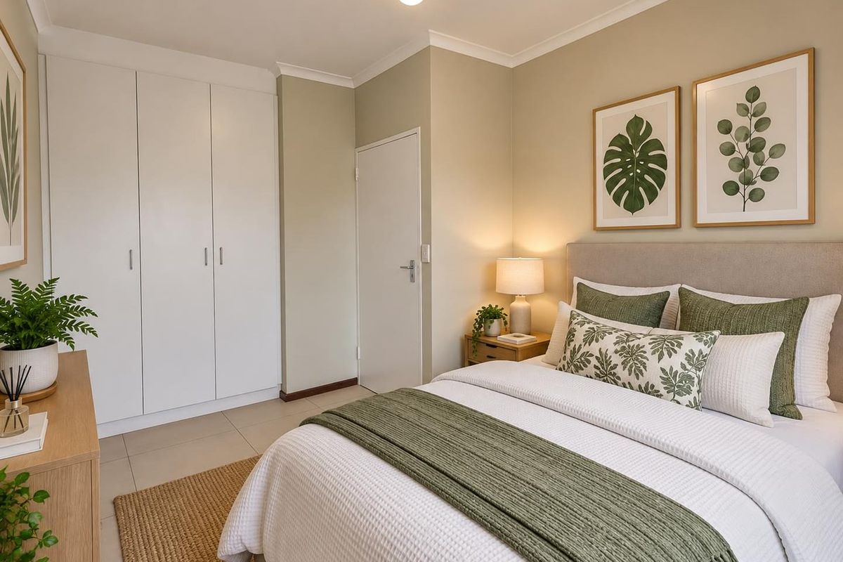 A well-maintained bedroom featuring neutral wall tones, tiled flooring, and a spacious built-in wardrobe with clean, modern finishes.