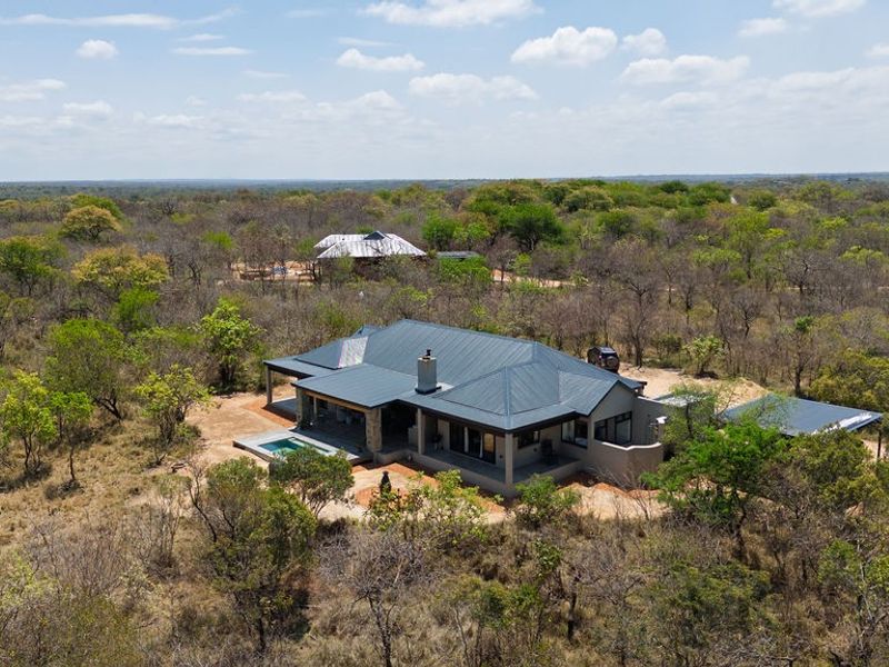 Aerial view of a modern bushveld home featuring a metal roof, covered patio, and private swimming pool set within a natural landscape.