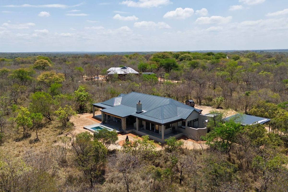 Aerial view of a modern bushveld home featuring a metal roof, covered patio, and private swimming pool set within a natural landscape.