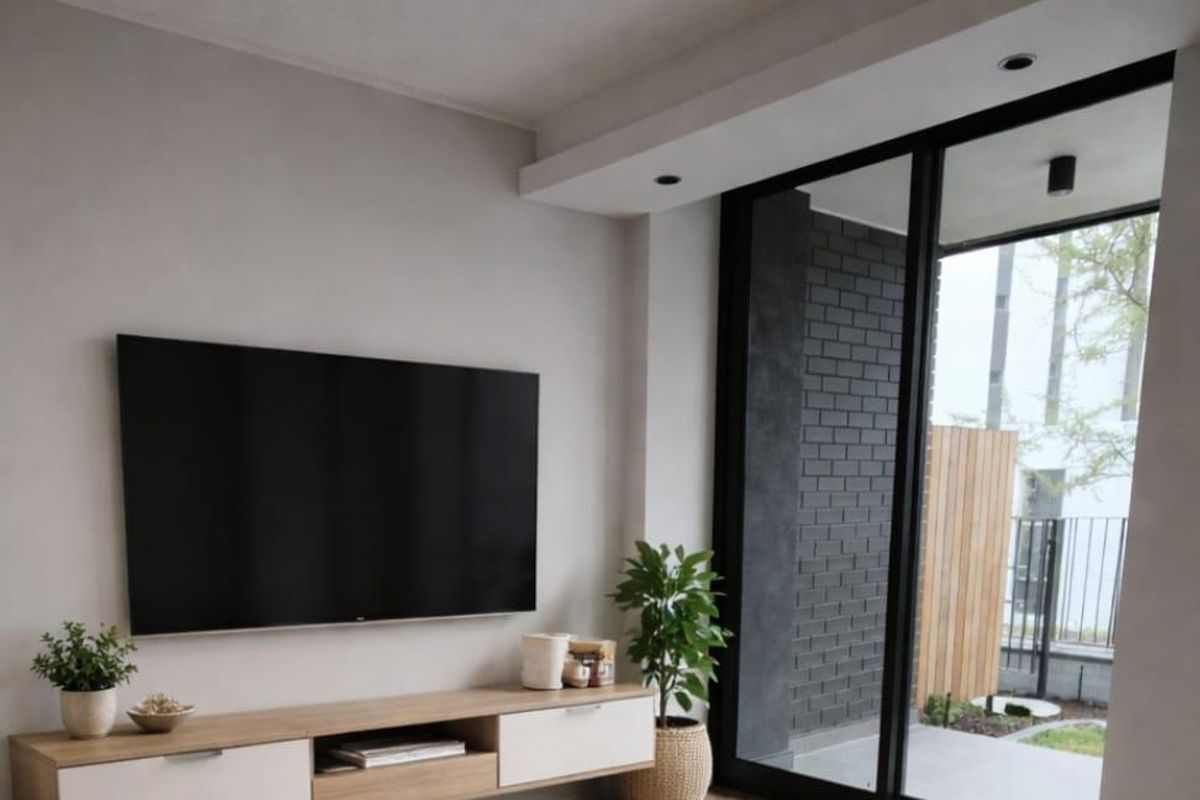 Modern living room featuring herringbone timber flooring, a wall-mounted media console, and large sliding glass doors opening to a private patio area.