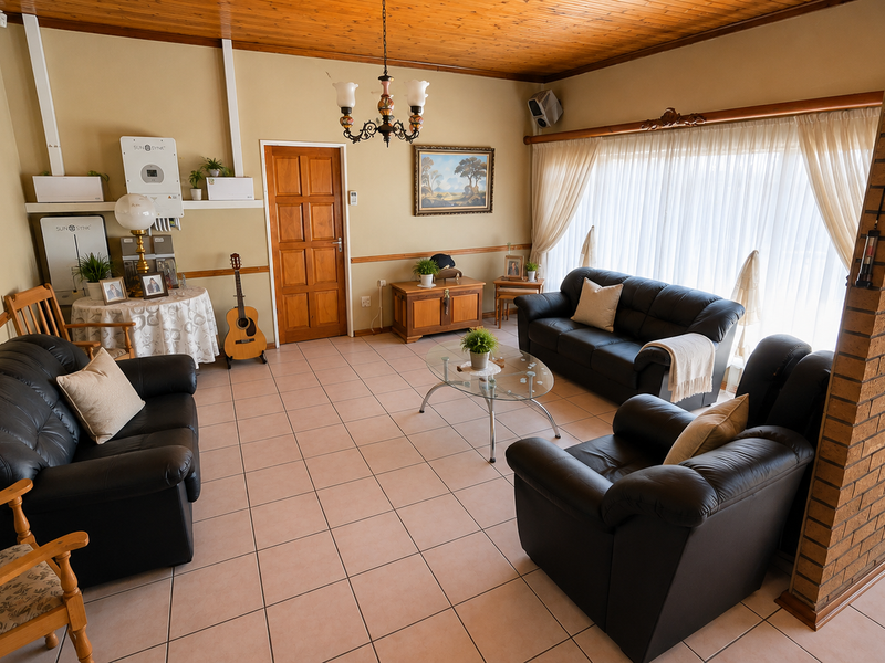 Spacious living room featuring tiled flooring, a timber-paneled ceiling, and an exposed brick feature wall, with an integrated inverter system installed.