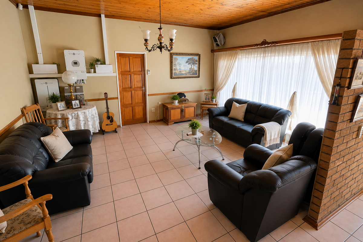 Spacious living room featuring tiled flooring, a timber-paneled ceiling, and an exposed brick feature wall, with an integrated inverter system installed.