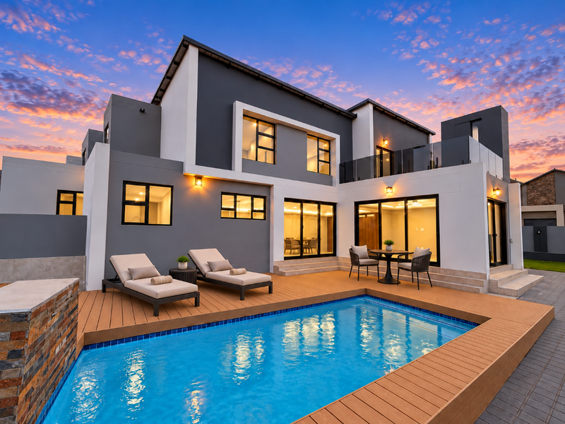 Modern rear elevation featuring a swimming pool, timber decking, and expansive sliding glass doors, perfect for outdoor entertaining.