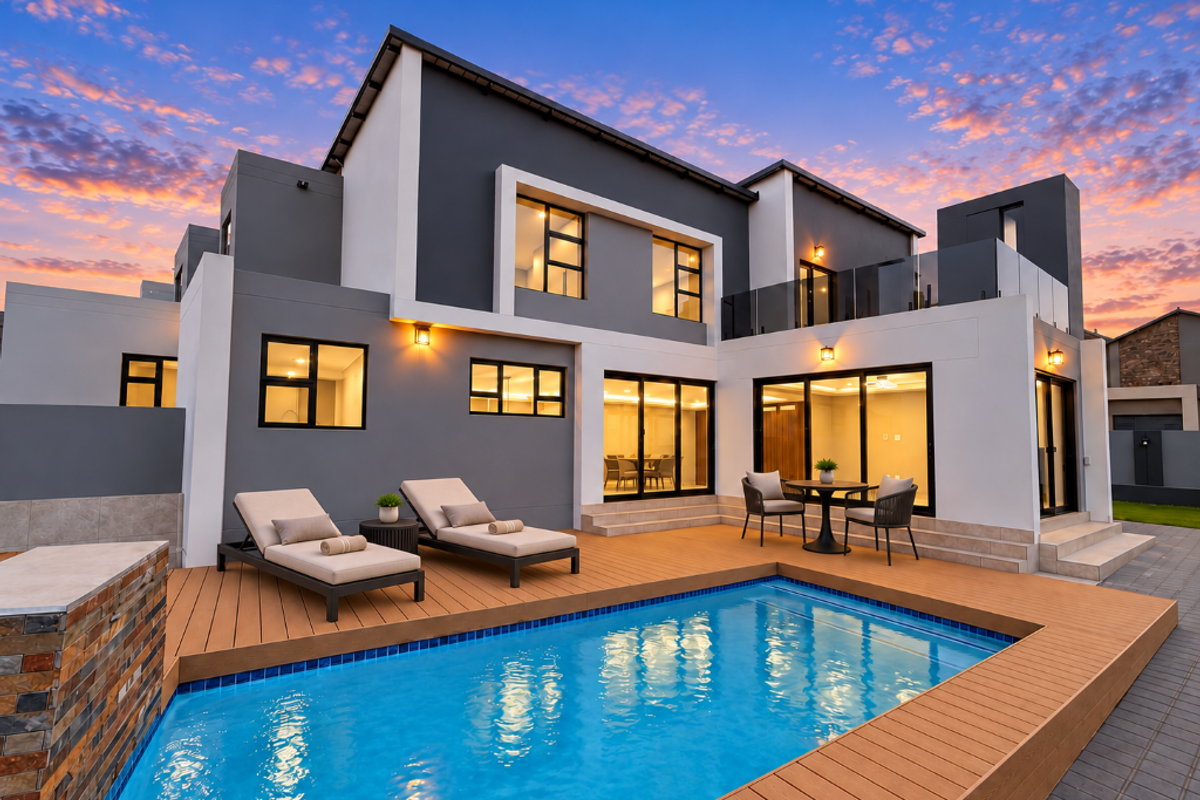 Modern rear elevation featuring a swimming pool, timber decking, and expansive sliding glass doors, perfect for outdoor entertaining.
