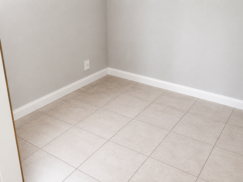 A clean, empty corner space featuring neutral ceramic floor tiles, white skirting boards, and a standard electrical outlet.