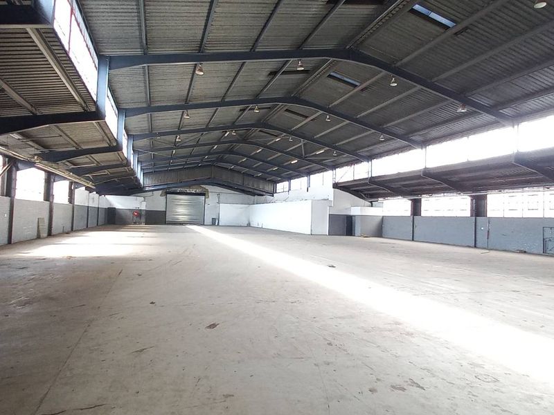 Expansive industrial warehouse space featuring high-clearance steel truss roofing, abundant natural light through clerestory windows, and durable concrete flooring.