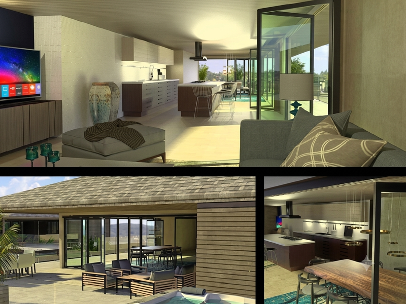 A modern open-plan living and kitchen area featuring high-end finishes, a central island, and seamless indoor-outdoor flow through large folding glass doors.