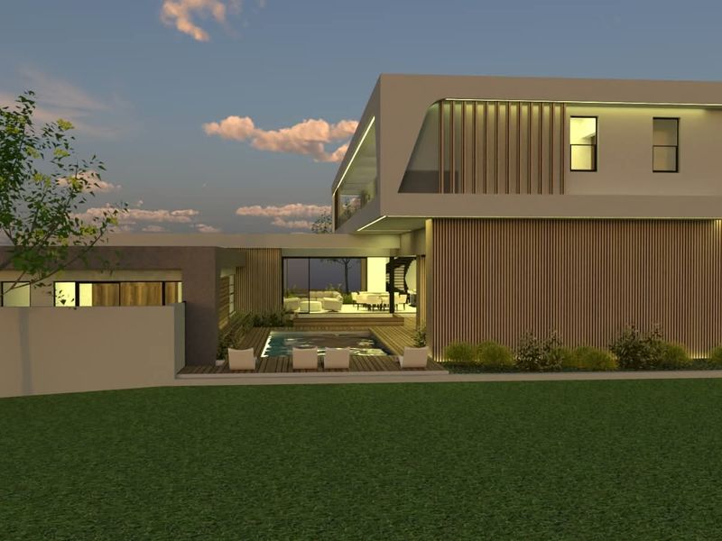 A modern architectural rendering of a contemporary home featuring a swimming pool, timber decking, and sleek vertical cladding at dusk.
