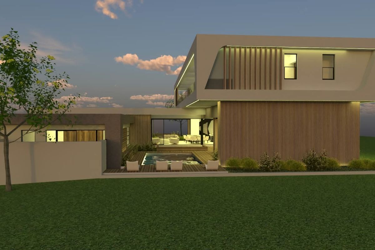 A modern architectural rendering of a contemporary home featuring a swimming pool, timber decking, and sleek vertical cladding at dusk.