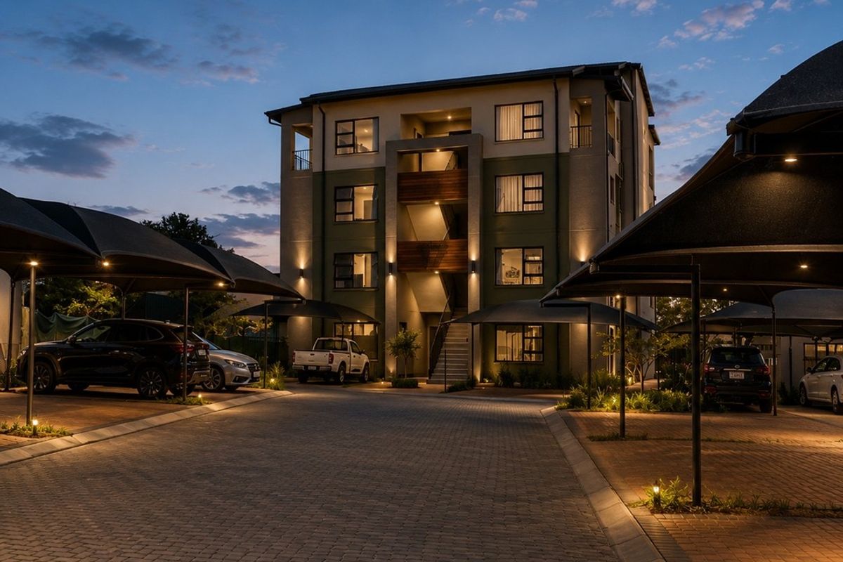 A well-maintained multi-story apartment building at dusk, featuring paved driveway access and covered parking bays with integrated exterior lighting.