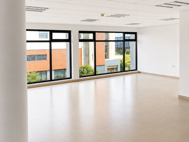 A bright, open-plan office space featuring large windows, neutral ceramic tile flooring, and a professional suspended ceiling with recessed lighting.
