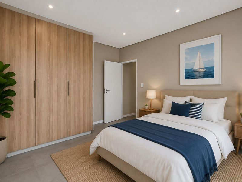 A modern, well-maintained bedroom featuring neutral tones, tiled flooring, recessed lighting, and ample built-in wardrobe storage.