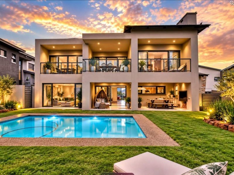Stunning double-story rear elevation featuring a swimming pool, expansive covered patio, upper-level balconies, and integrated outdoor entertainment area with built-in braai.