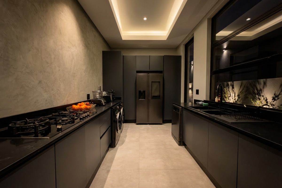 Modern galley-style kitchen featuring sleek dark cabinetry, integrated appliances, stone countertops, and recessed tray ceiling lighting.