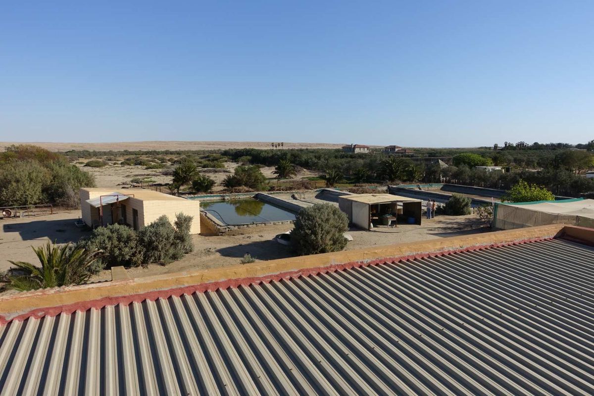 Aerial view of a small holding property featuring multiple outdoor water basins, utility structures, and expansive arid landscape surroundings.