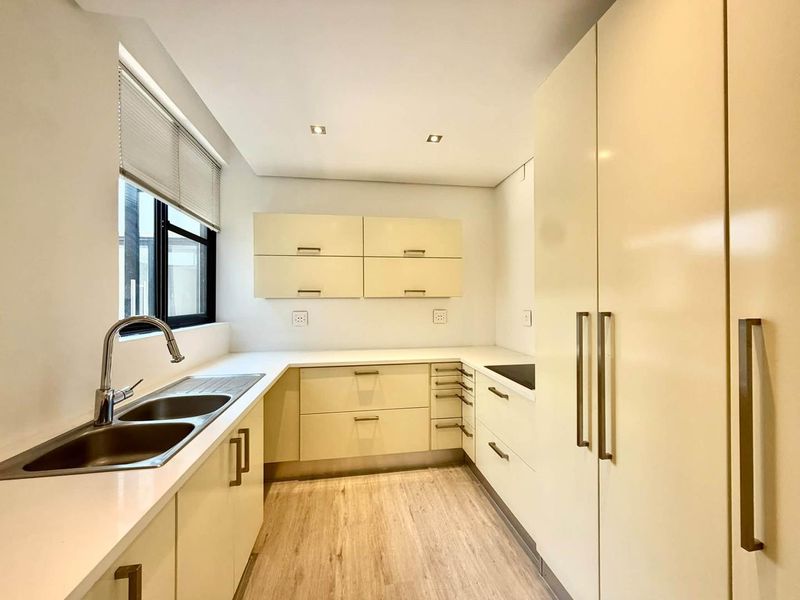 A clean, modern kitchen featuring light-toned cabinetry, double stainless steel sink, built-in appliances, and wood-look flooring in a bright, functional layout.
