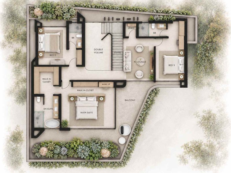 A detailed architectural floor plan showing the upper level layout, including three bedrooms, en-suite bathrooms, a pajama lounge, and a spacious balcony.