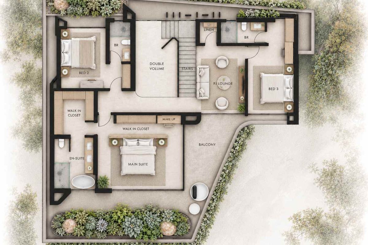 A detailed architectural floor plan showing the upper level layout, including three bedrooms, en-suite bathrooms, a pajama lounge, and a spacious balcony.