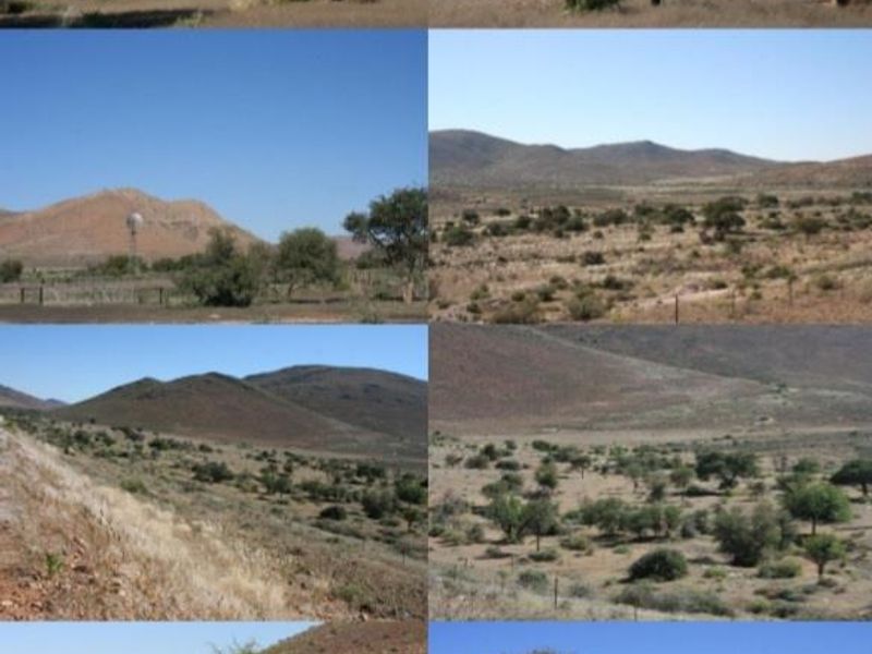 A collage of landscape views showcasing the expansive farm terrain, natural vegetation, mountain backdrops, and basic perimeter fencing.