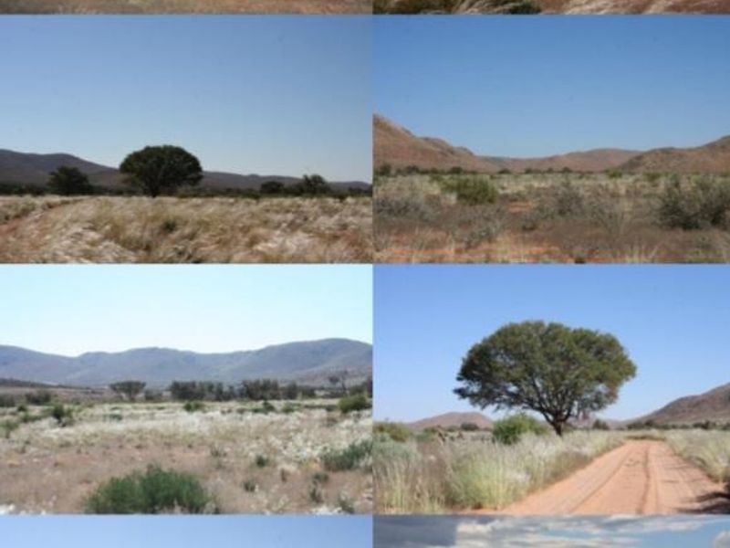 A collection of landscape views showcasing the expansive natural terrain, mountainous backdrop, dirt access roads, and a small water body on the farm property.
