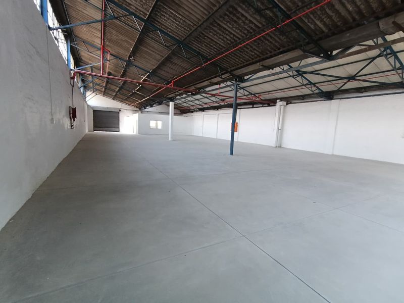 Spacious industrial warehouse featuring high ceilings with exposed steel trusses, concrete flooring, and a large roller shutter door for easy access.