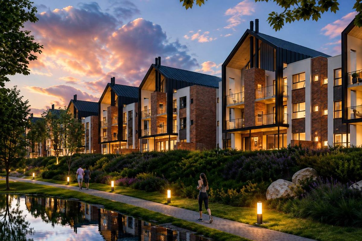 A scenic view of modern apartment buildings featuring brick and metal architecture, overlooking a landscaped garden, paved walkway, and water feature at dusk.