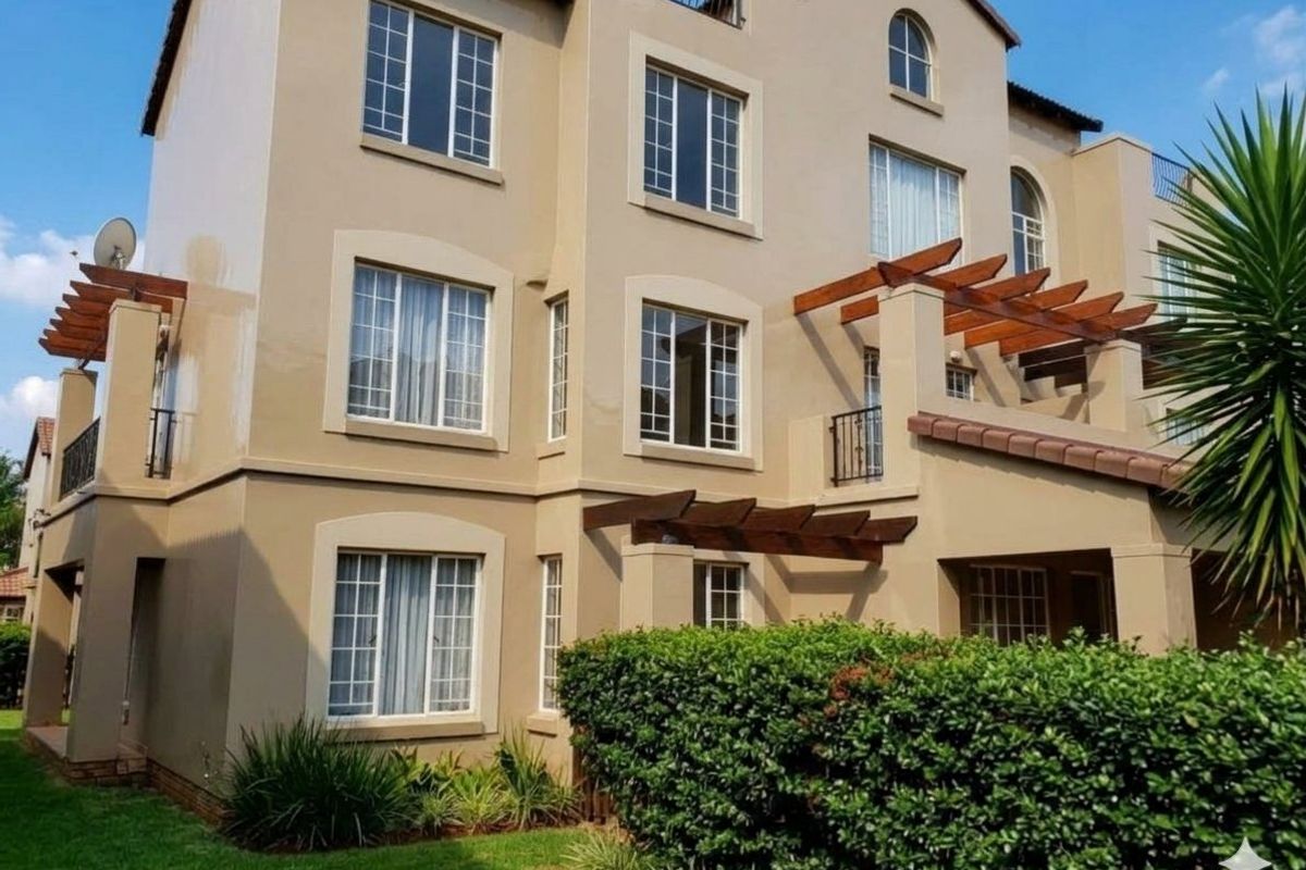 Exterior view of a multi-story apartment building featuring timber pergolas, balconies with wrought iron railings, and well-maintained landscaped garden areas.